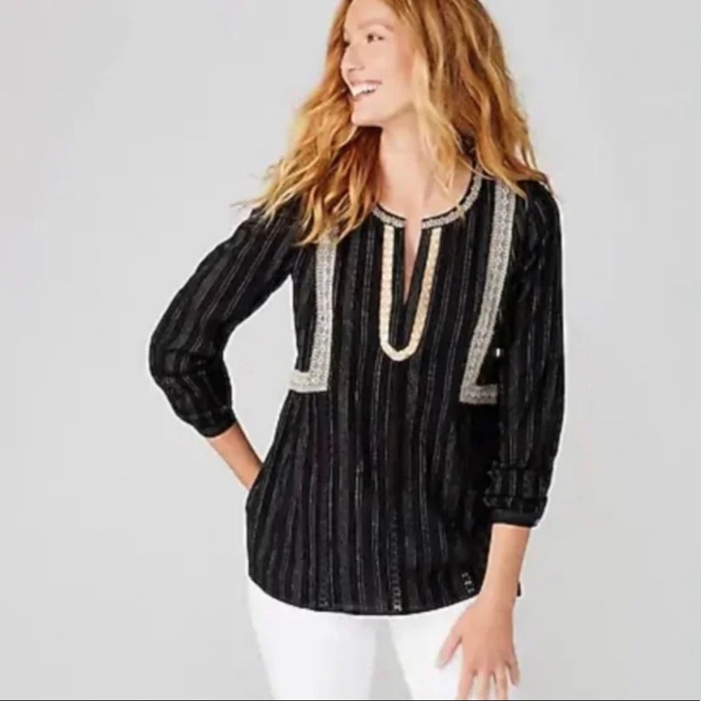 J Jill‎ Embroidered Peasant Blouse Long Sleeve Semi Sheer Black & Tan Boho Top